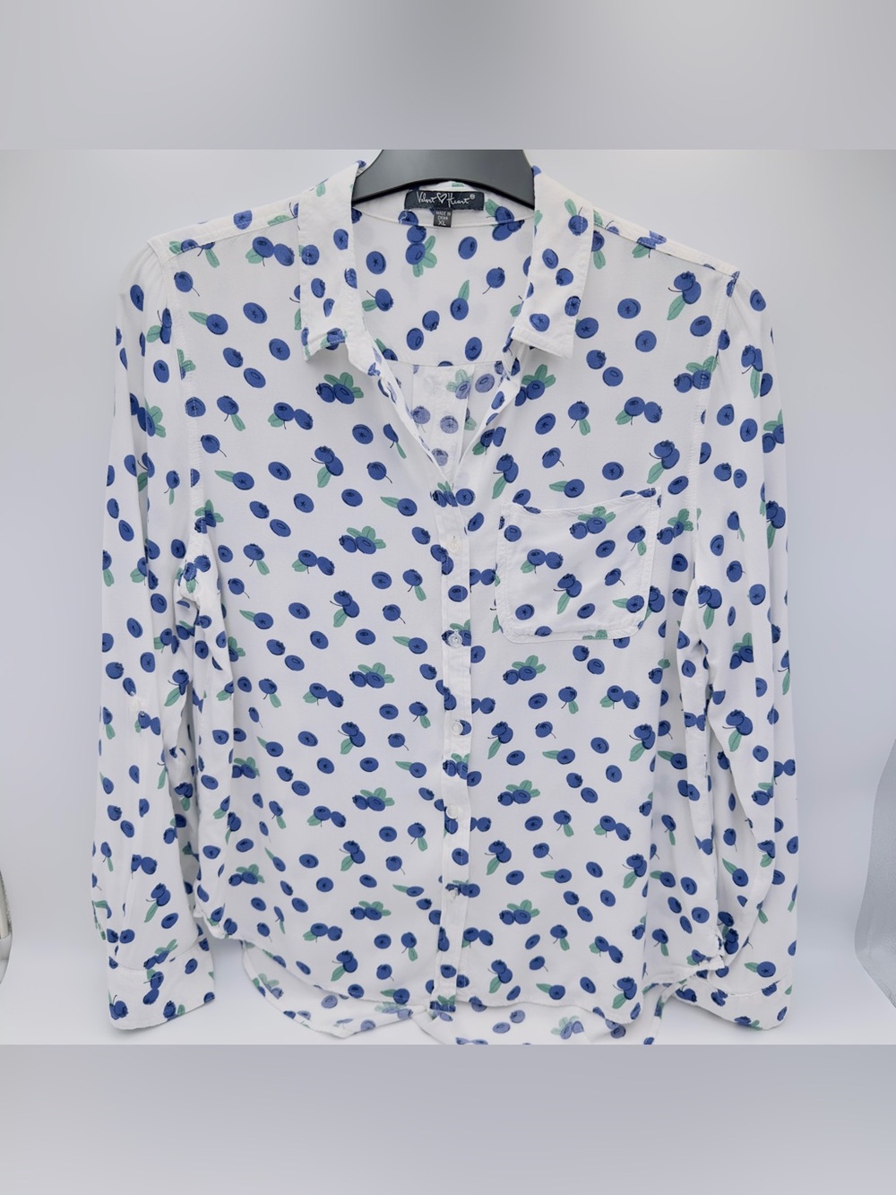 Velvet Heart Blueberry Fruit Print Button Down Blouse Top White Blue XL